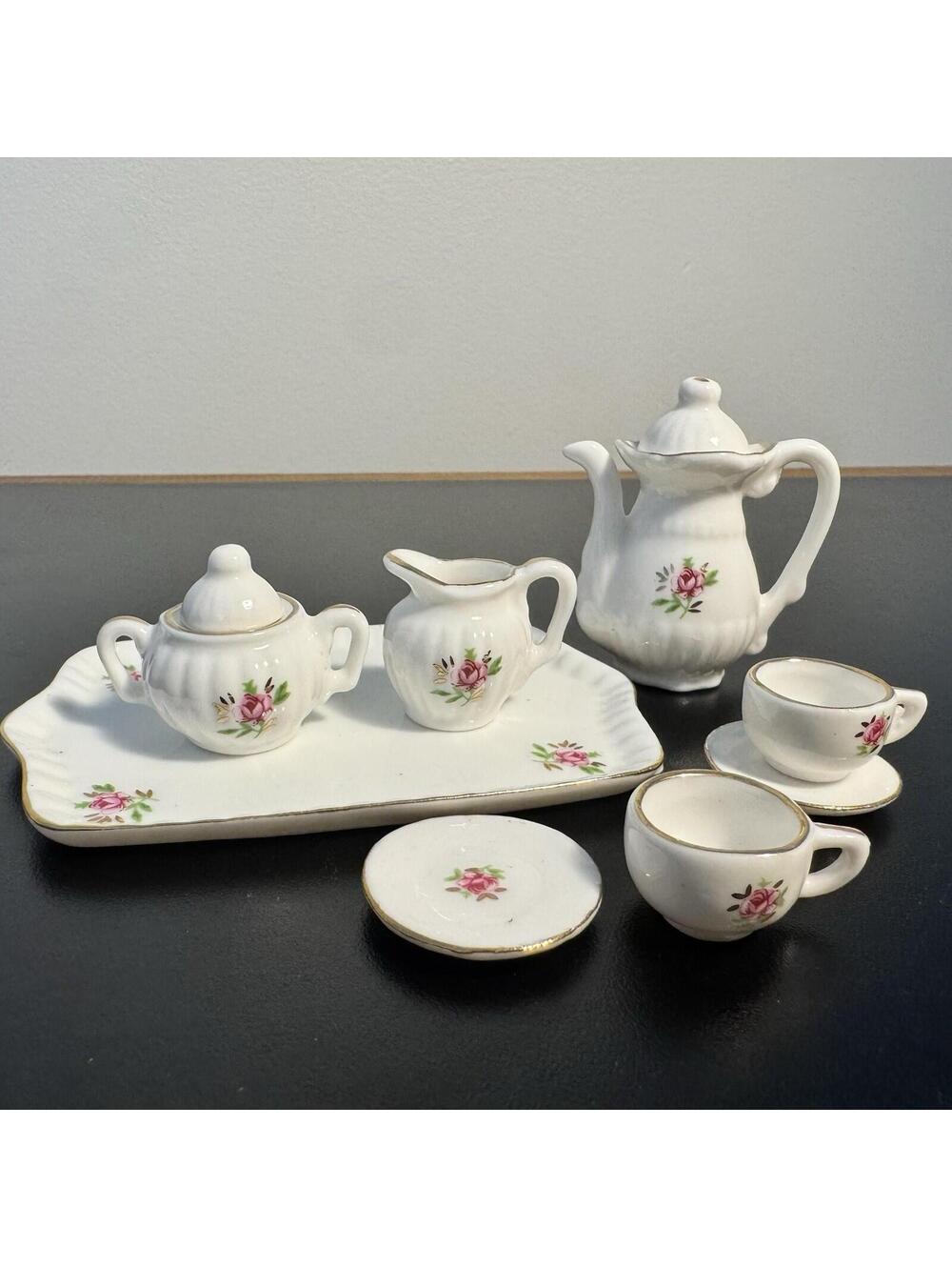 VINTAGE MINIATURE PORCELAIN TEA SET 10 pieces FLOWERS GOLD TRIM MINT CONDITION